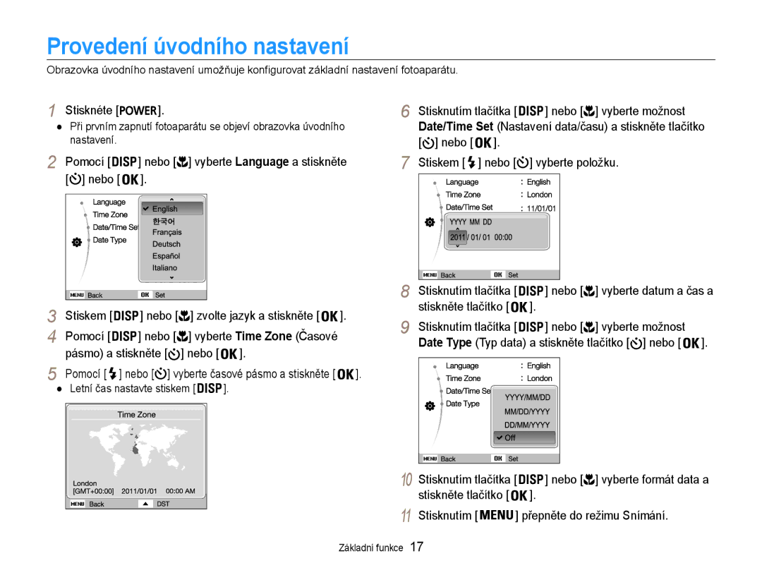 Samsung EC-ES9ZZZBASE3, EC-ES9ZZZBABE3 manual Provedení úvodního nastavení 