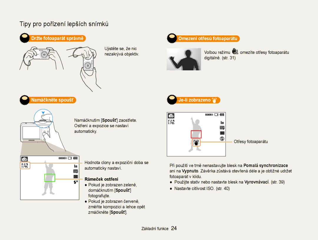 Samsung EC-ES9ZZZBABE3, EC-ES9ZZZBASE3 manual Držte fotoaparát správně, Namáčkněte spoušť, Rámeček ostření 