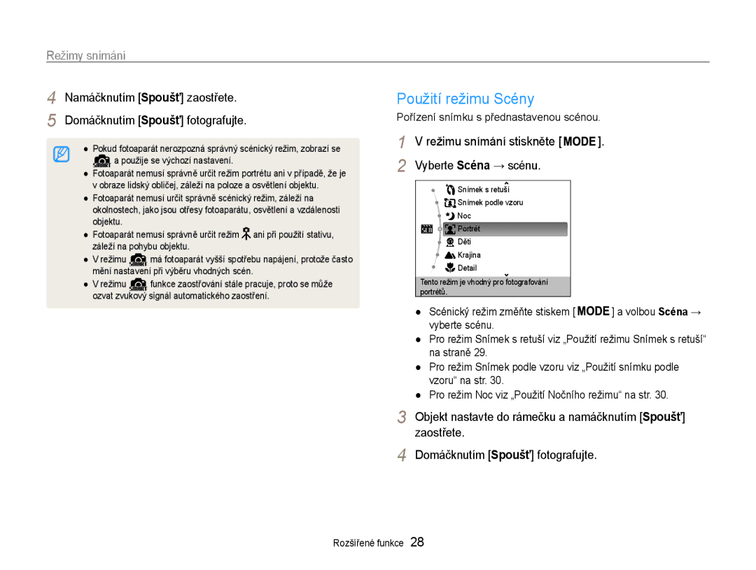 Samsung EC-ES9ZZZBABE3 manual Použití režimu Scény, Vyberte Scéna → scénu, Namáčknutím Spoušť zaostřete, Volbou Scéna → 