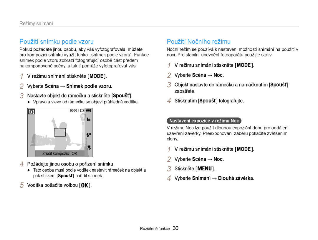 Samsung EC-ES9ZZZBABE3 manual Použití snímku podle vzoru, Použití Nočního režimu, Vyberte Scéna → Snímek podle vzoru 