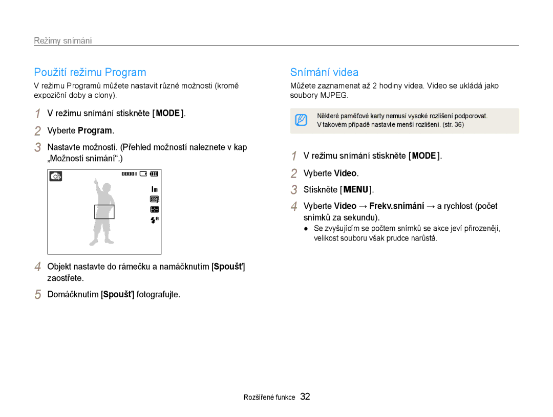 Samsung EC-ES9ZZZBABE3, EC-ES9ZZZBASE3 manual Použití režimu Program, Snímání videa, Snímků za sekundu, Vyberte Video 