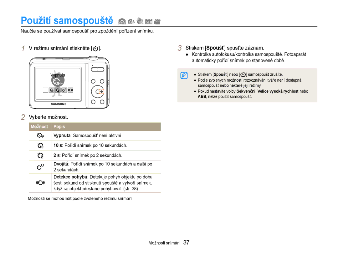 Samsung EC-ES9ZZZBASE3, EC-ES9ZZZBABE3 Použití samospouště, Naučte se používat samospoušť pro zpoždění pořízení snímku 