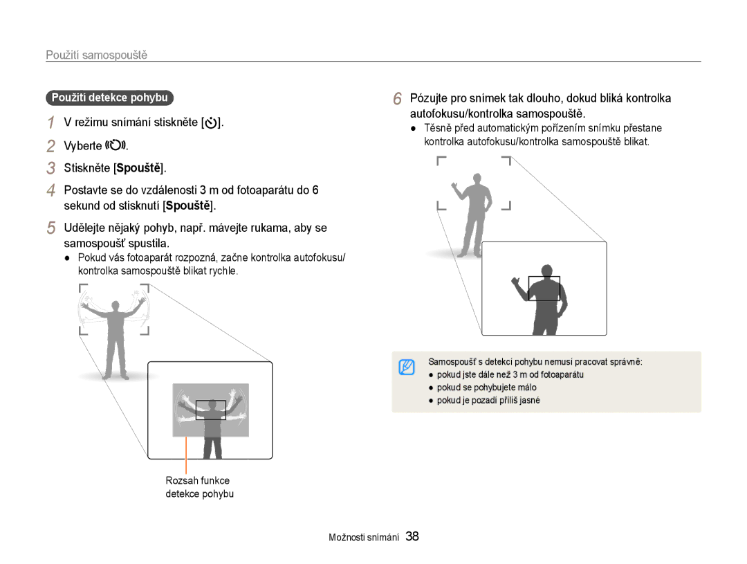 Samsung EC-ES9ZZZBABE3, EC-ES9ZZZBASE3 manual Vyberte Stiskněte Spouště, Sekund od stisknutí Spouště, Použití detekce pohybu 