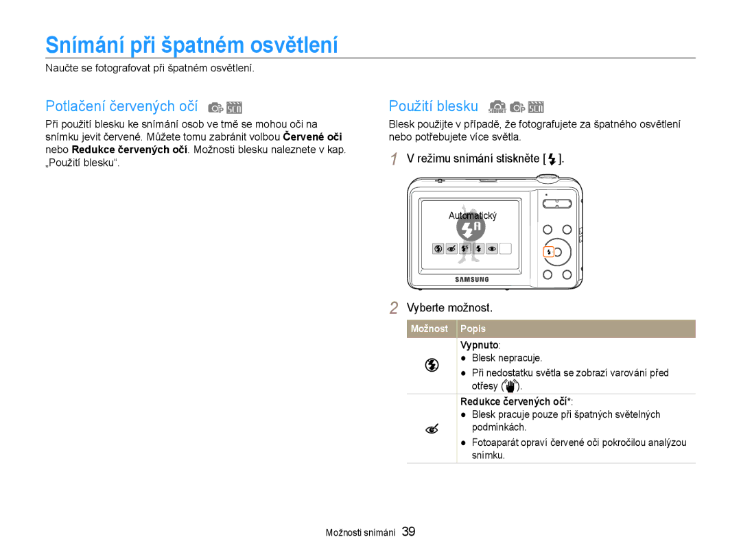 Samsung EC-ES9ZZZBASE3, EC-ES9ZZZBABE3 Snímání při špatném osvětlení, Potlačení červených očí, Použití blesku, Vypnuto 