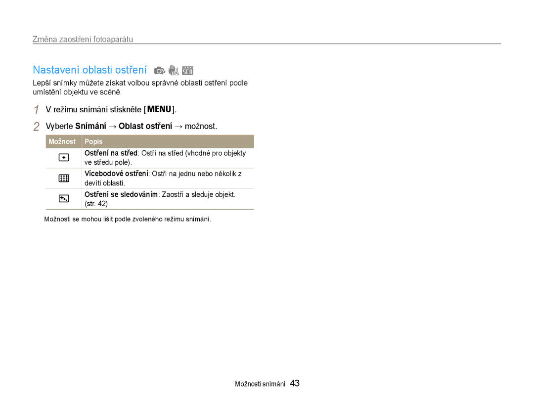 Samsung EC-ES9ZZZBASE3, EC-ES9ZZZBABE3 manual Nastavení oblasti ostření, Ostření se sledováním Zaostří a sleduje objekt. str 