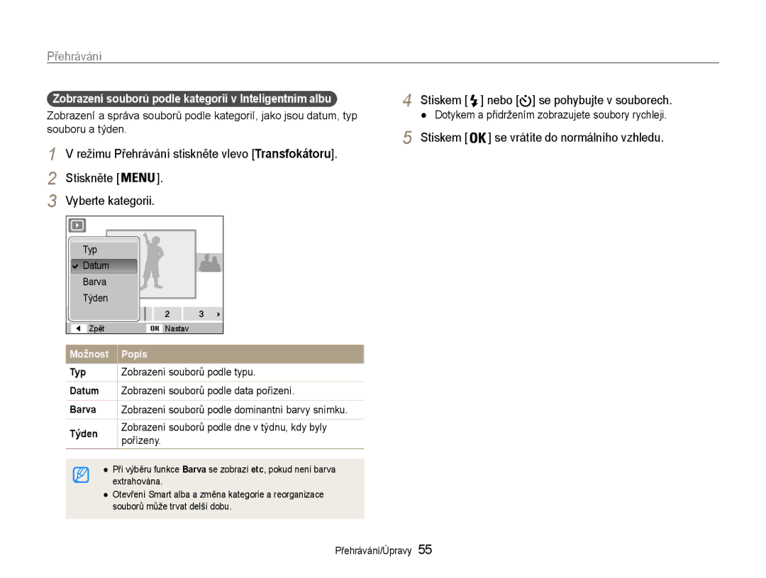 Samsung EC-ES9ZZZBASE3, EC-ES9ZZZBABE3 manual Režimu Přehrávání stiskněte vlevo Transfokátoru, Stiskněte Vyberte kategorii 