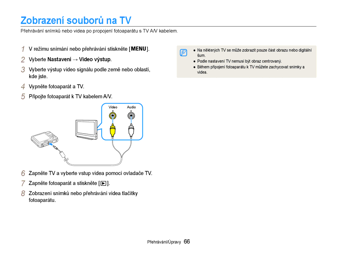 Samsung EC-ES9ZZZBABE3, EC-ES9ZZZBASE3 manual Zobrazení souborů na TV, Vyberte Nastavení → Video výstup 