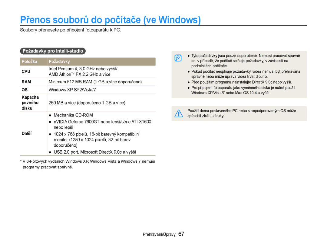 Samsung EC-ES9ZZZBASE3, EC-ES9ZZZBABE3 manual Přenos souborů do počítače ve Windows, Požadavky pro Intelli-studio 