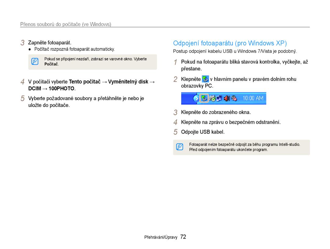 Samsung EC-ES9ZZZBABE3 manual Odpojení fotoaparátu pro Windows XP, Počítači vyberte Tento počítač → Vyměnitelný disk → 