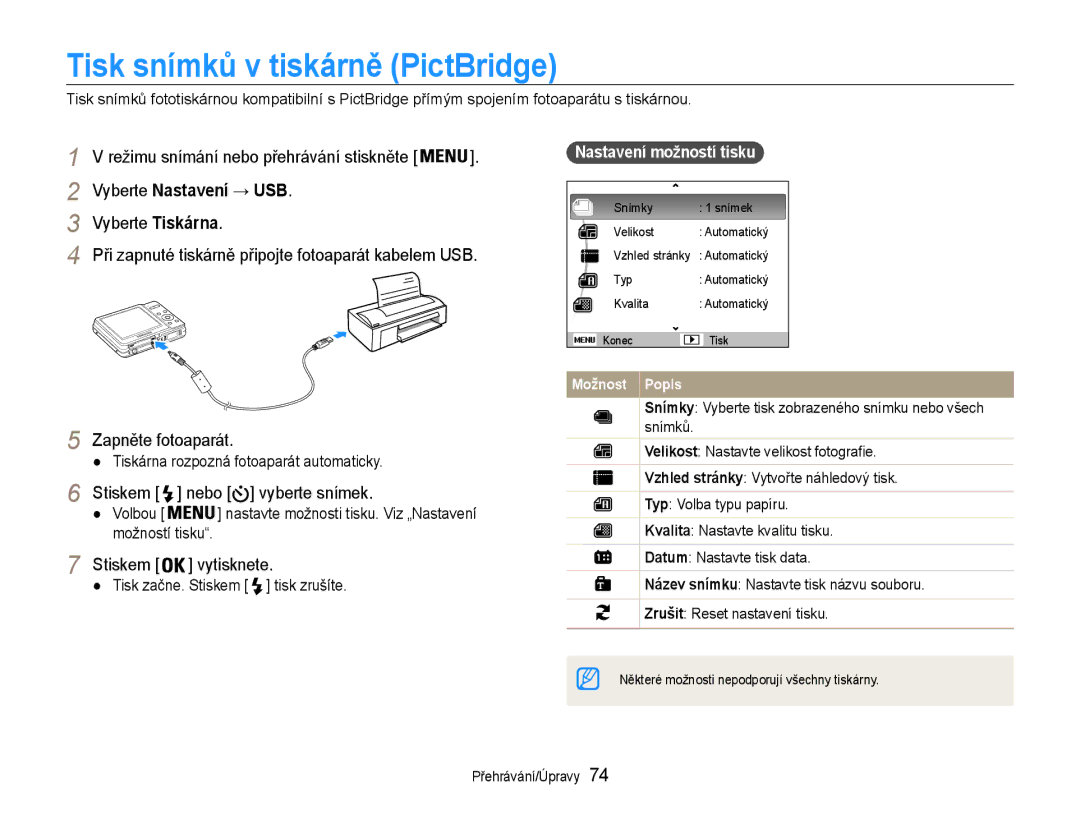 Samsung EC-ES9ZZZBABE3 Tisk snímků v tiskárně PictBridge, Vyberte Nastavení → USB, Vyberte Tiskárna, Stiskem vytisknete 