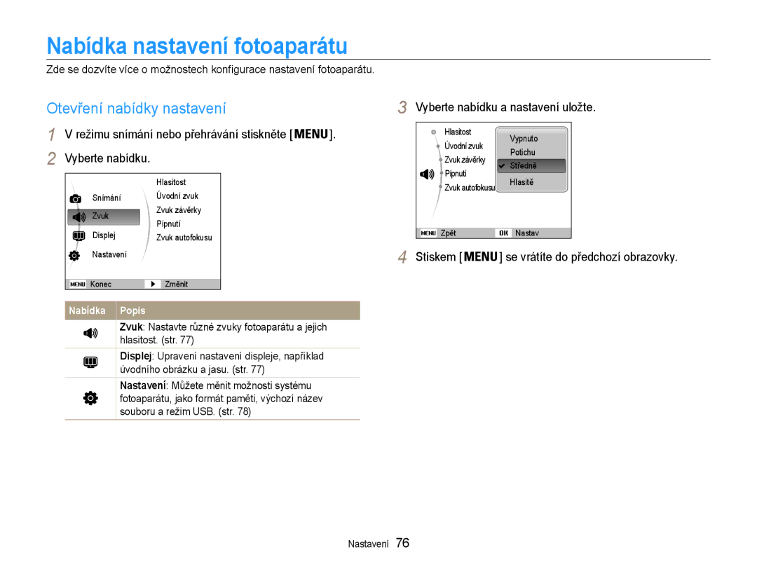 Samsung EC-ES9ZZZBABE3 manual Nabídka nastavení fotoaparátu, Otevření nabídky nastavení, Vyberte nabídku a nastavení uložte 