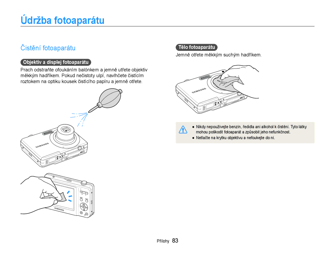 Samsung EC-ES9ZZZBASE3 manual Údržba fotoaparátu, Čistění fotoaparátu, Objektiv a displej fotoaparátu, Tělo fotoaparátu 