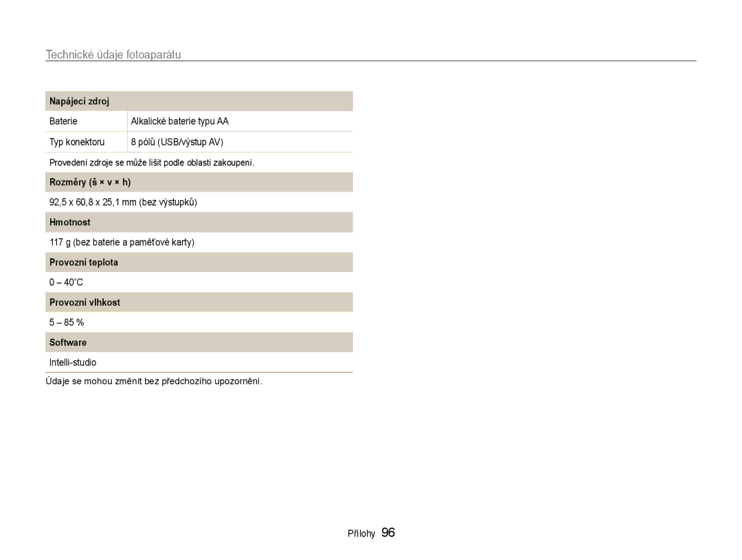 Samsung EC-ES9ZZZBABE3 manual Napájecí zdroj, Rozměry š × v × h, Hmotnost, Provozní teplota, Provozní vlhkost, Software 