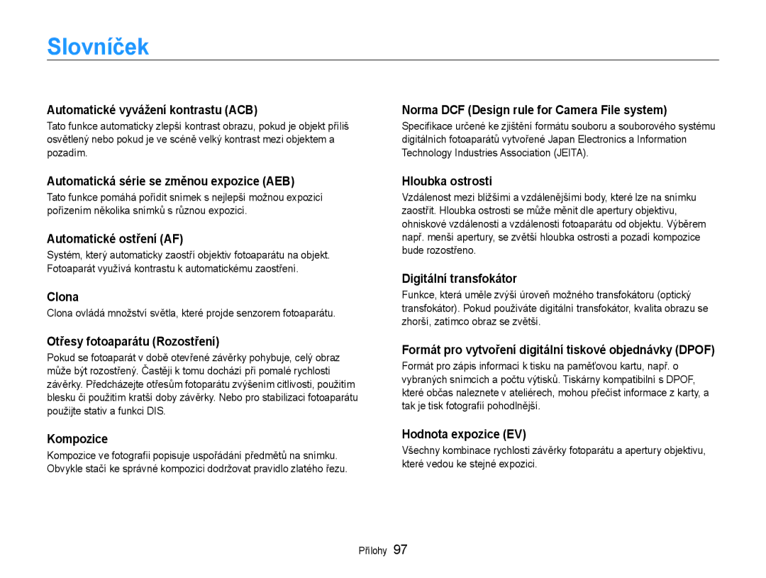 Samsung EC-ES9ZZZBASE3, EC-ES9ZZZBABE3 manual Slovníček 