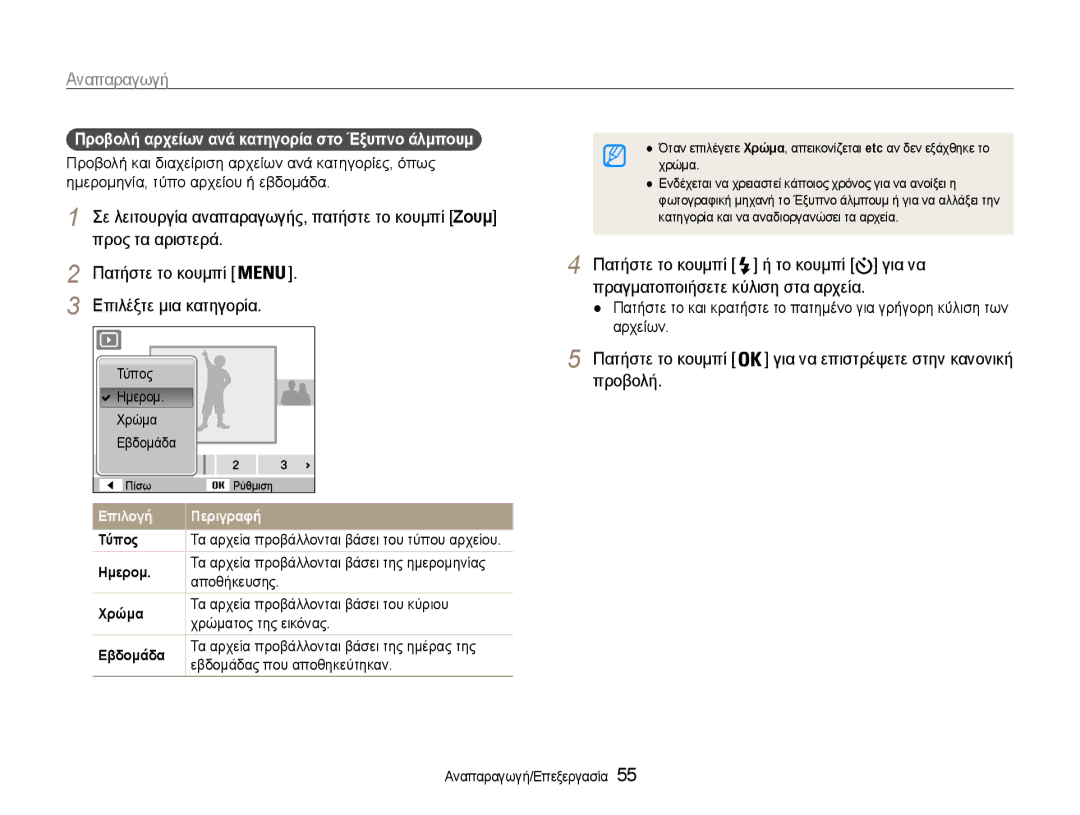 Samsung EC-ES9ZZZBASE3 Πατήστε το κουμπί για να επιστρέψετε στην κανονική προβολή, Τα αρχεία προβάλλονται βάσει του κύριου 