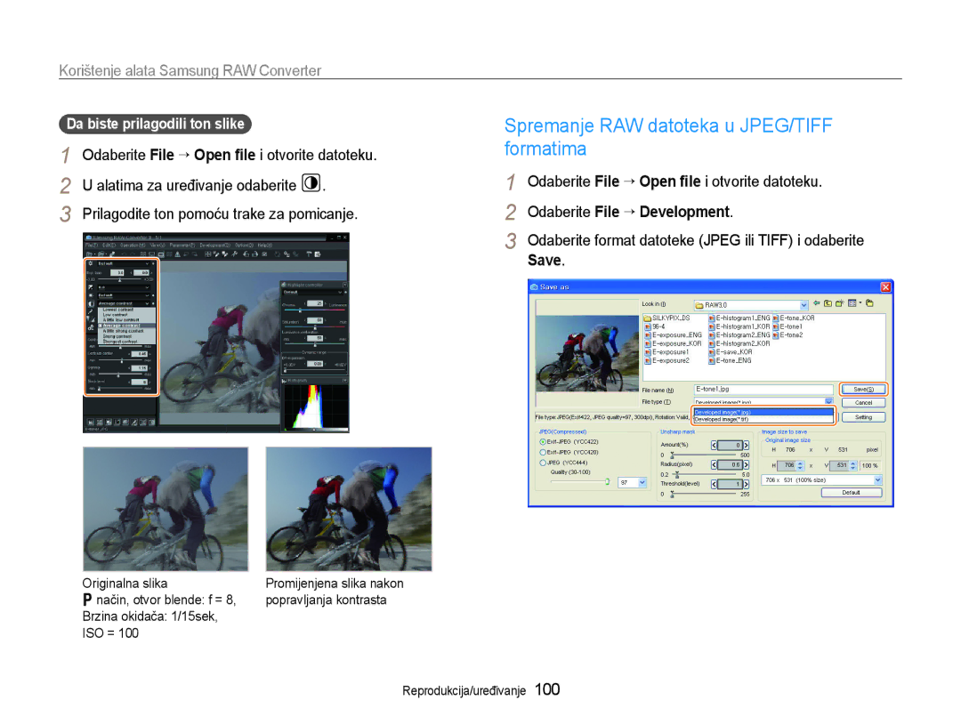 Samsung EC-EX1ZZZBPBE3, EC-EX1ZZZBPAE3 Spremanje RAW datoteka u JPEG/TIFF formatima, Odaberite File “ Development, Save 