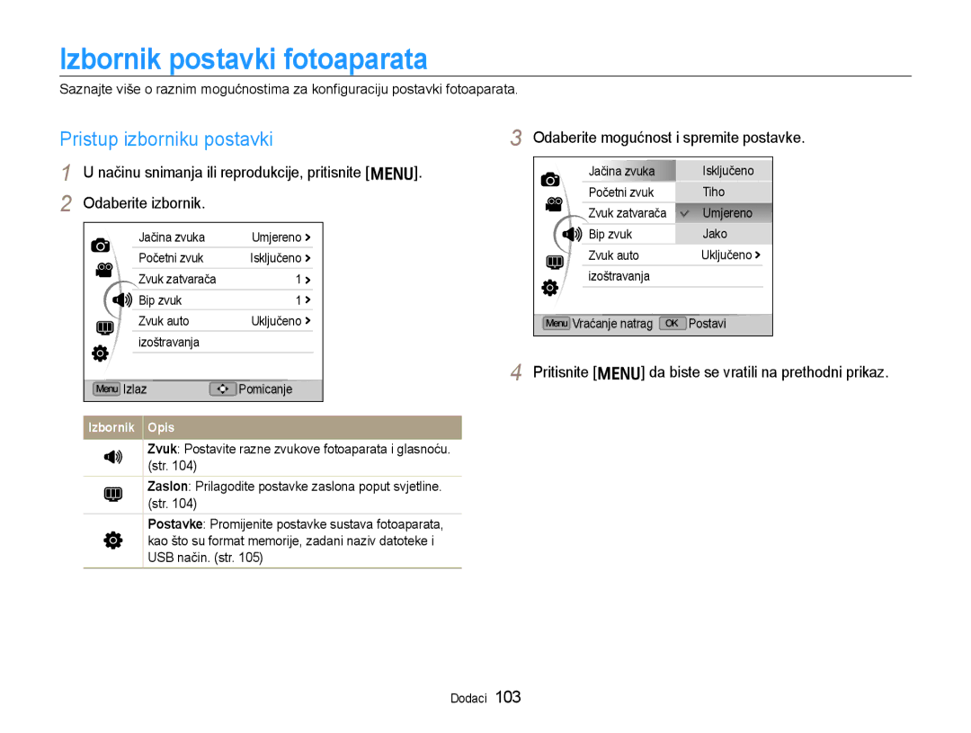 Samsung EC-EX1ZZZBPAE3 Izbornik postavki fotoaparata, Pristup izborniku postavki, Odaberite mogućnost i spremite postavke 