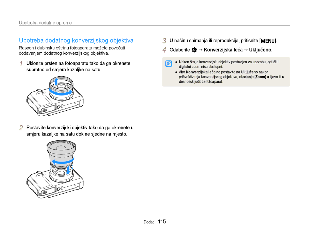 Samsung EC-EX1ZZZBPAE3, EC-EX1ZZZBPBE3 manual Upotreba dodatnog konverzijskog objektiva, Upotreba dodatne opreme 