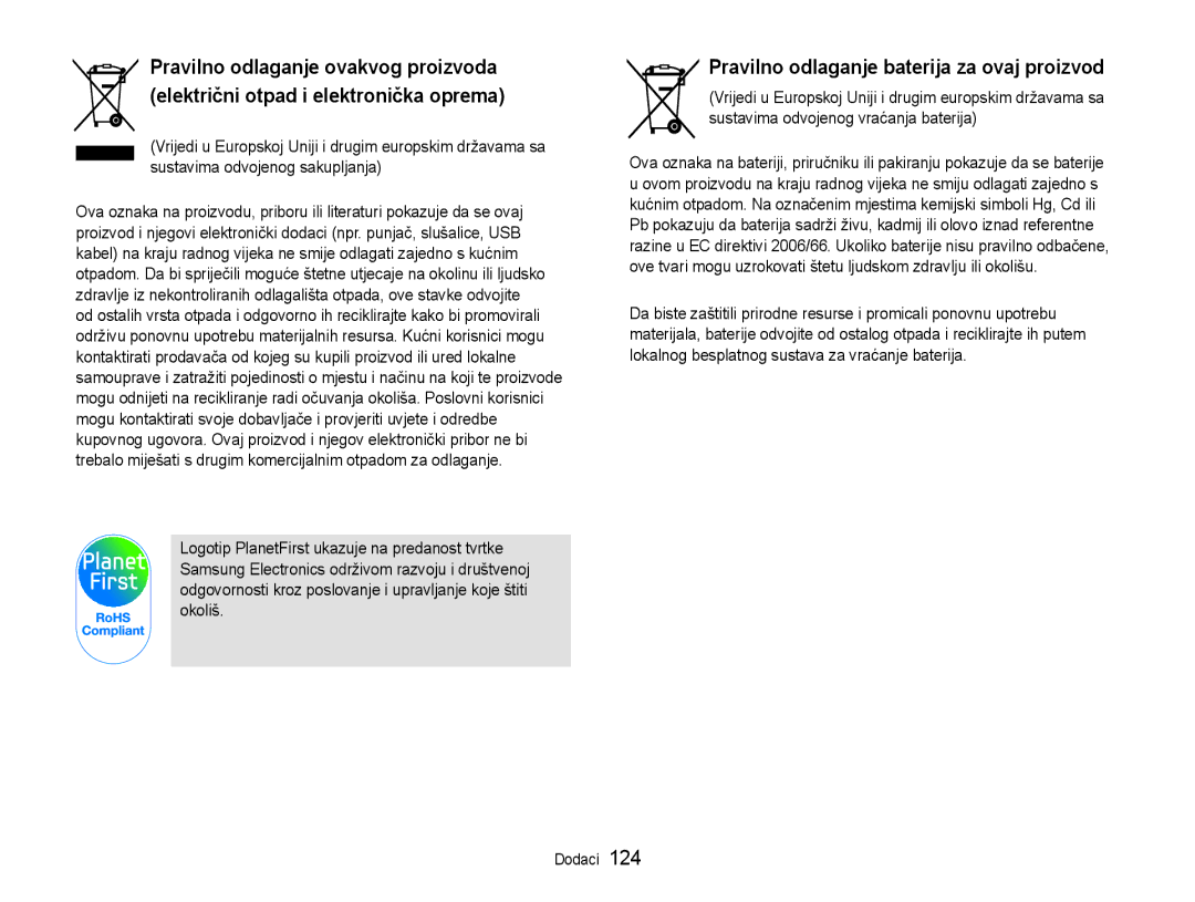 Samsung EC-EX1ZZZBPBE3, EC-EX1ZZZBPAE3 manual Pravilno odlaganje baterija za ovaj proizvod 