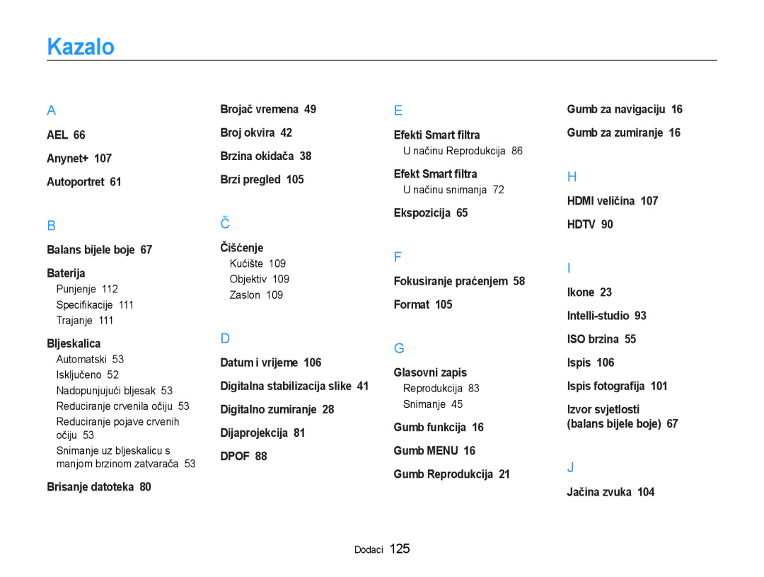 Samsung EC-EX1ZZZBPAE3, EC-EX1ZZZBPBE3 manual Kazalo 