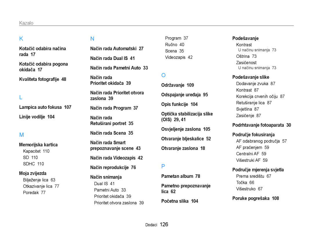 Samsung EC-EX1ZZZBPBE3 manual Kazalo, Kapacitet Sdhc, Bilježenje lica Otkazivanje lica Poredak, Oštrina Zasićenost 