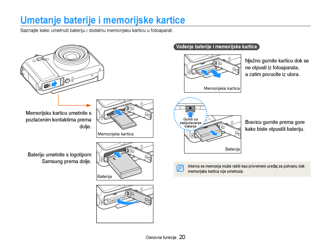 Samsung EC-EX1ZZZBPBE3 manual Umetanje baterije i memorijske kartice, Bateriju umetnite s logotipom Samsung prema dolje 