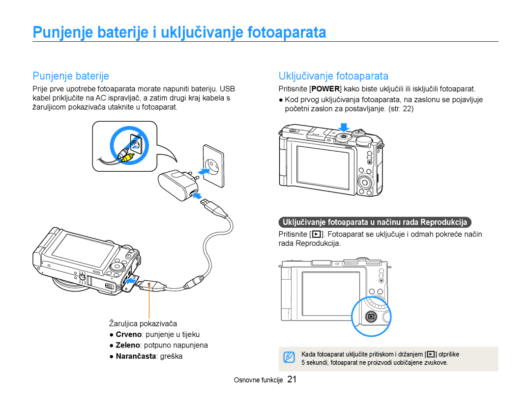 Samsung EC-EX1ZZZBPAE3 manual Punjenje baterije i uključivanje fotoaparata, Uključivanje fotoaparata, Narančasta greška 