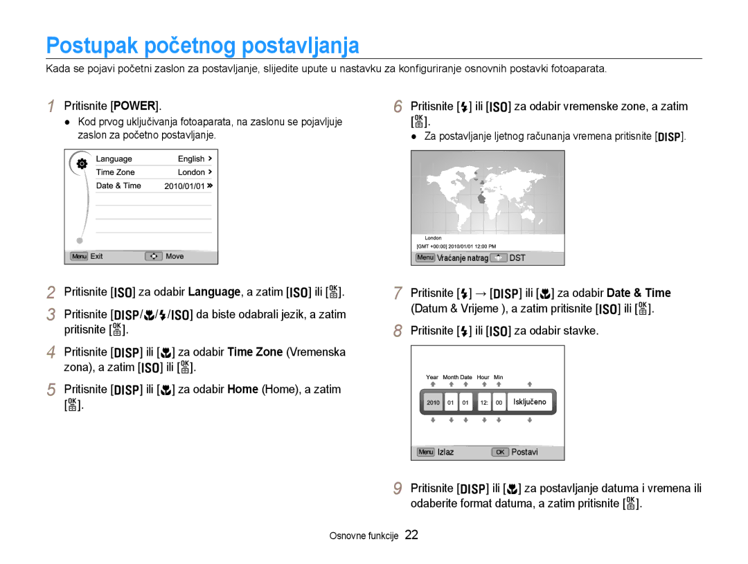 Samsung EC-EX1ZZZBPBE3, EC-EX1ZZZBPAE3 manual Postupak početnog postavljanja 