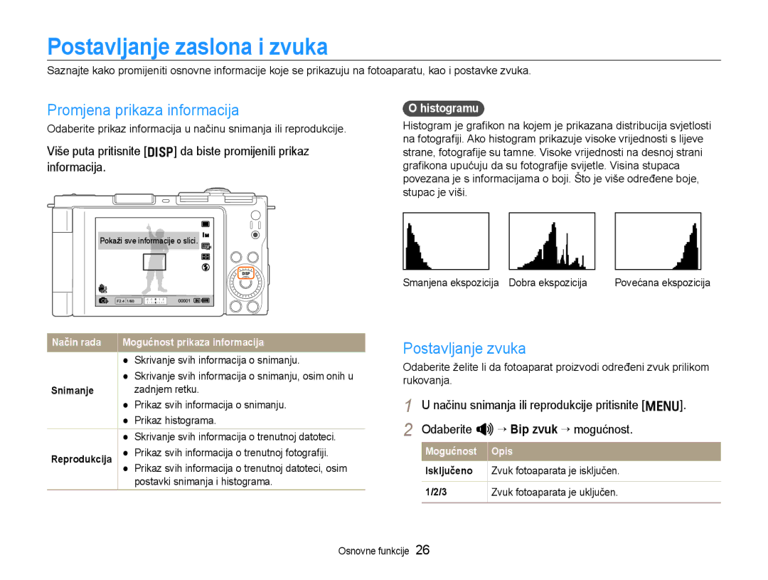 Samsung EC-EX1ZZZBPBE3, EC-EX1ZZZBPAE3 manual Postavljanje zaslona i zvuka, Promjena prikaza informacija, Postavljanje zvuka 