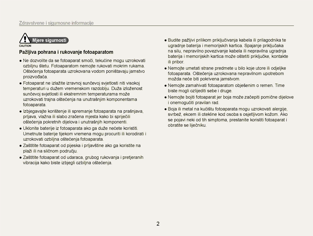 Samsung EC-EX1ZZZBPBE3 Zdravstvene i sigurnosne informacije, Pažljiva pohrana i rukovanje fotoaparatom, Mjere sigurnosti 