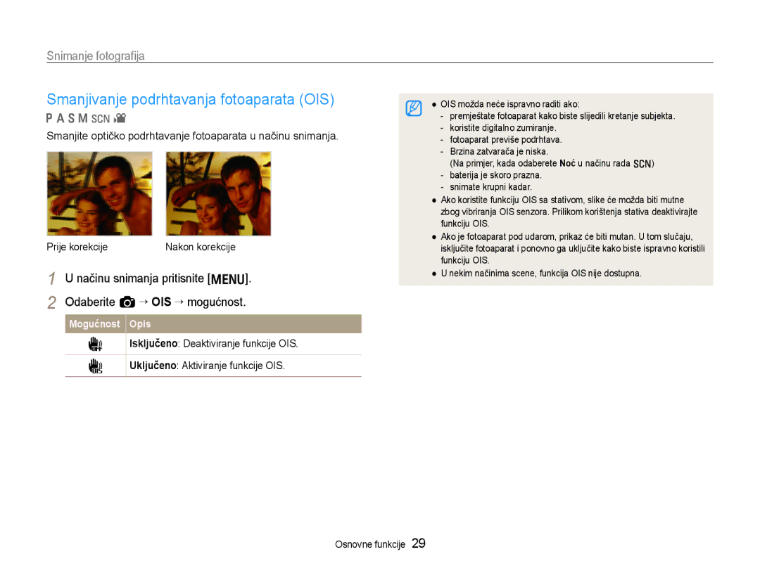 Samsung EC-EX1ZZZBPAE3, EC-EX1ZZZBPBE3 manual Smanjivanje podrhtavanja fotoaparata OIS 