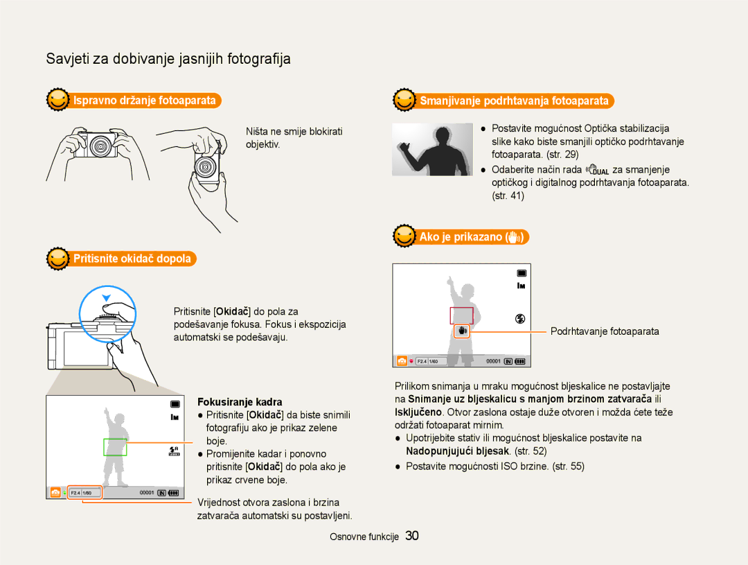 Samsung EC-EX1ZZZBPBE3 manual Ispravno držanje fotoaparata, Pritisnite okidač dopola, Fokusiranje kadra, Ako je prikazano 