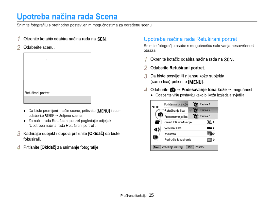 Samsung EC-EX1ZZZBPAE3, EC-EX1ZZZBPBE3 manual Upotreba načina rada Scena, Upotreba načina rada Retuširani portret 