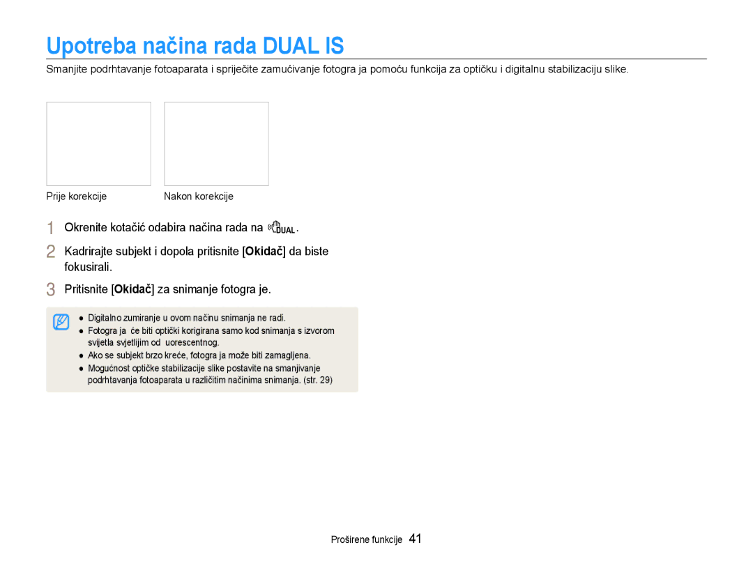 Samsung EC-EX1ZZZBPAE3, EC-EX1ZZZBPBE3 manual Upotreba načina rada Dual is, Okrenite kotačić odabira načina rada na d 