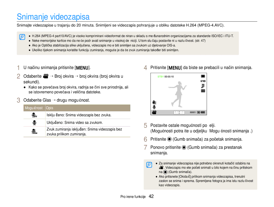 Samsung EC-EX1ZZZBPBE3, EC-EX1ZZZBPAE3 manual Snimanje videozapisa 