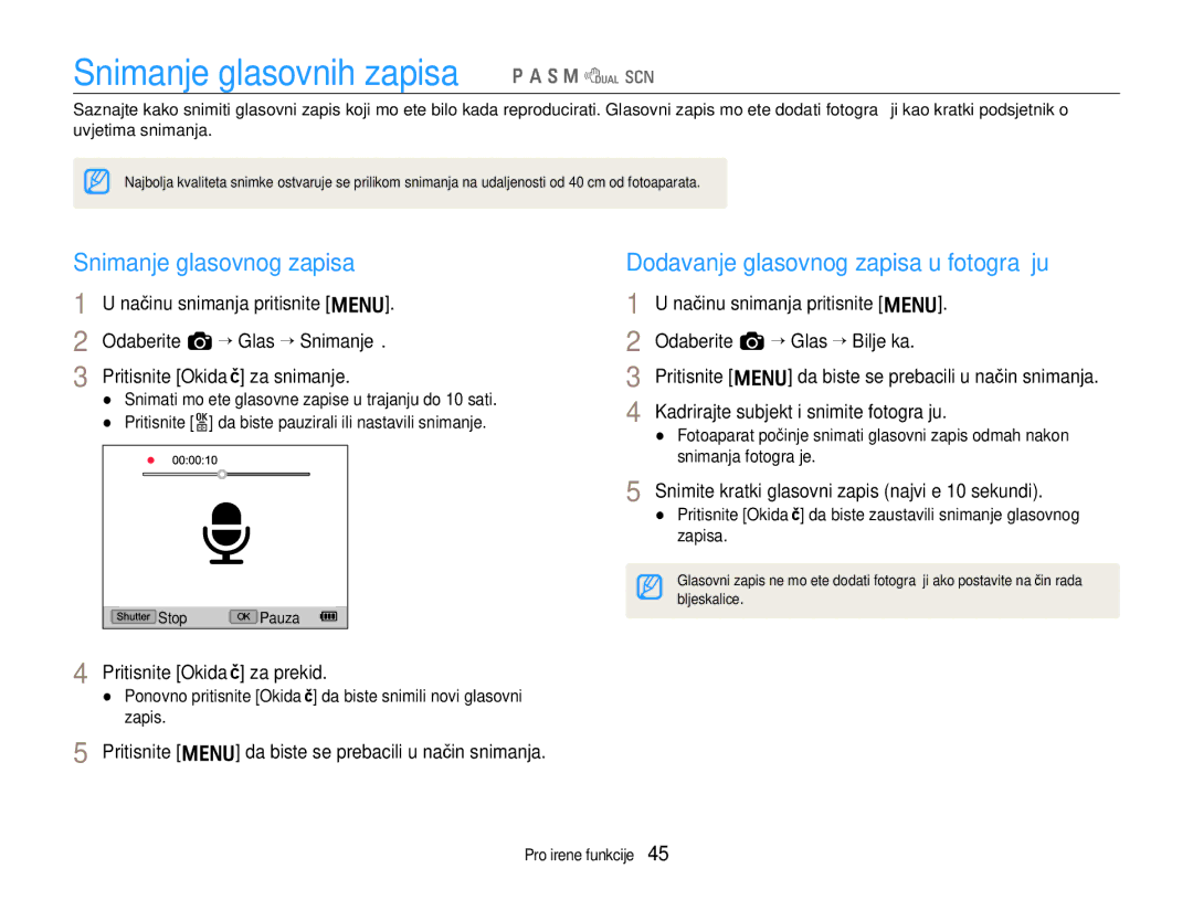 Samsung EC-EX1ZZZBPAE3 manual Snimanje glasovnih zapisa p a S M d s, Snimanje glasovnog zapisa, Pritisnite Okidač za prekid 