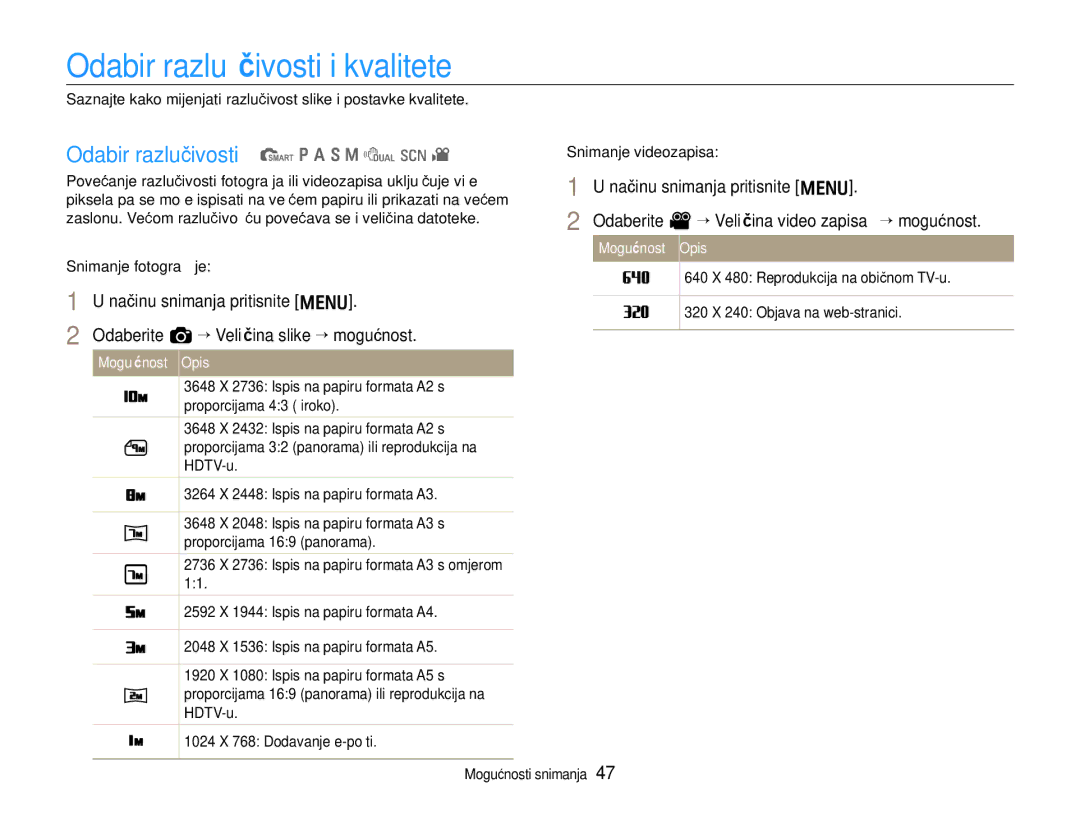 Samsung EC-EX1ZZZBPAE3 manual Odabir razlučivosti i kvalitete, Odabir razlučivosti t p a S M d s, Snimanje fotograﬁje 