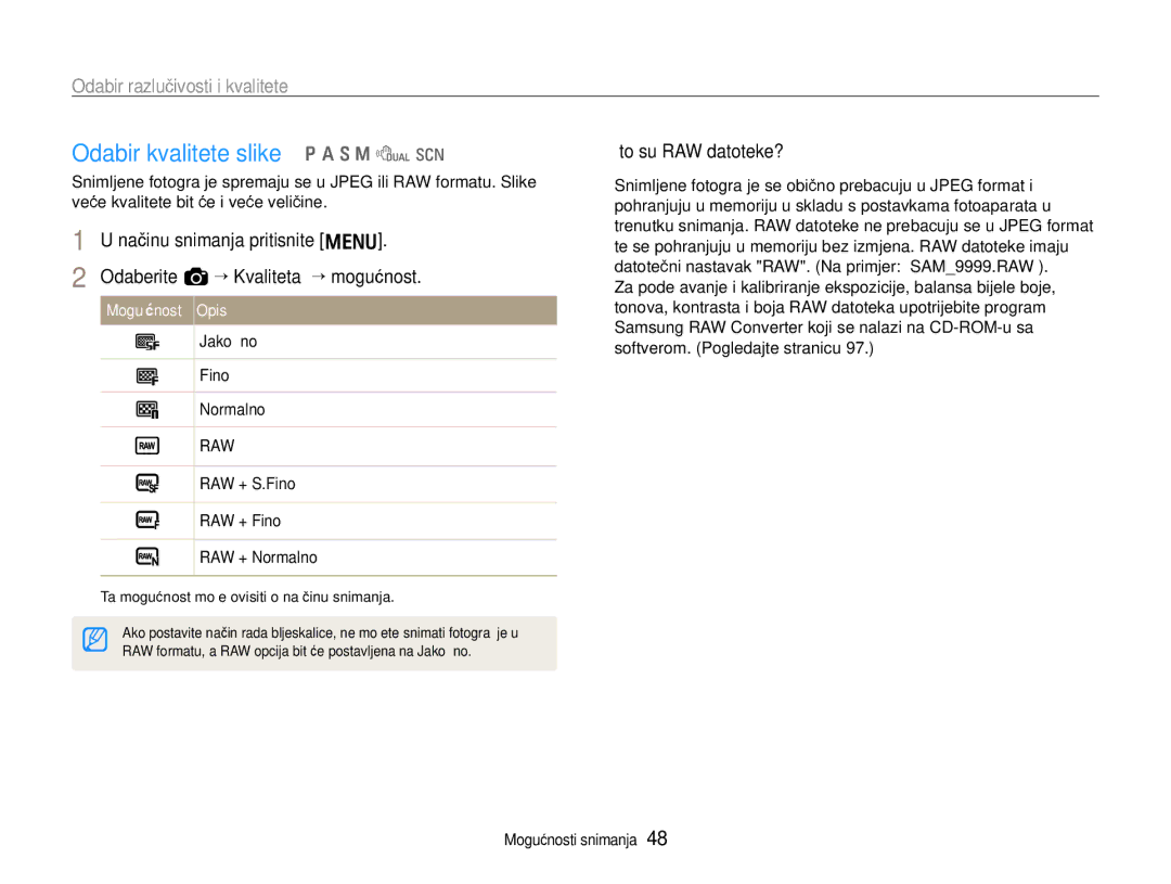 Samsung EC-EX1ZZZBPBE3 manual Odabir kvalitete slike p a S M d s, Odabir razlučivosti i kvalitete, Što su RAW datoteke? 