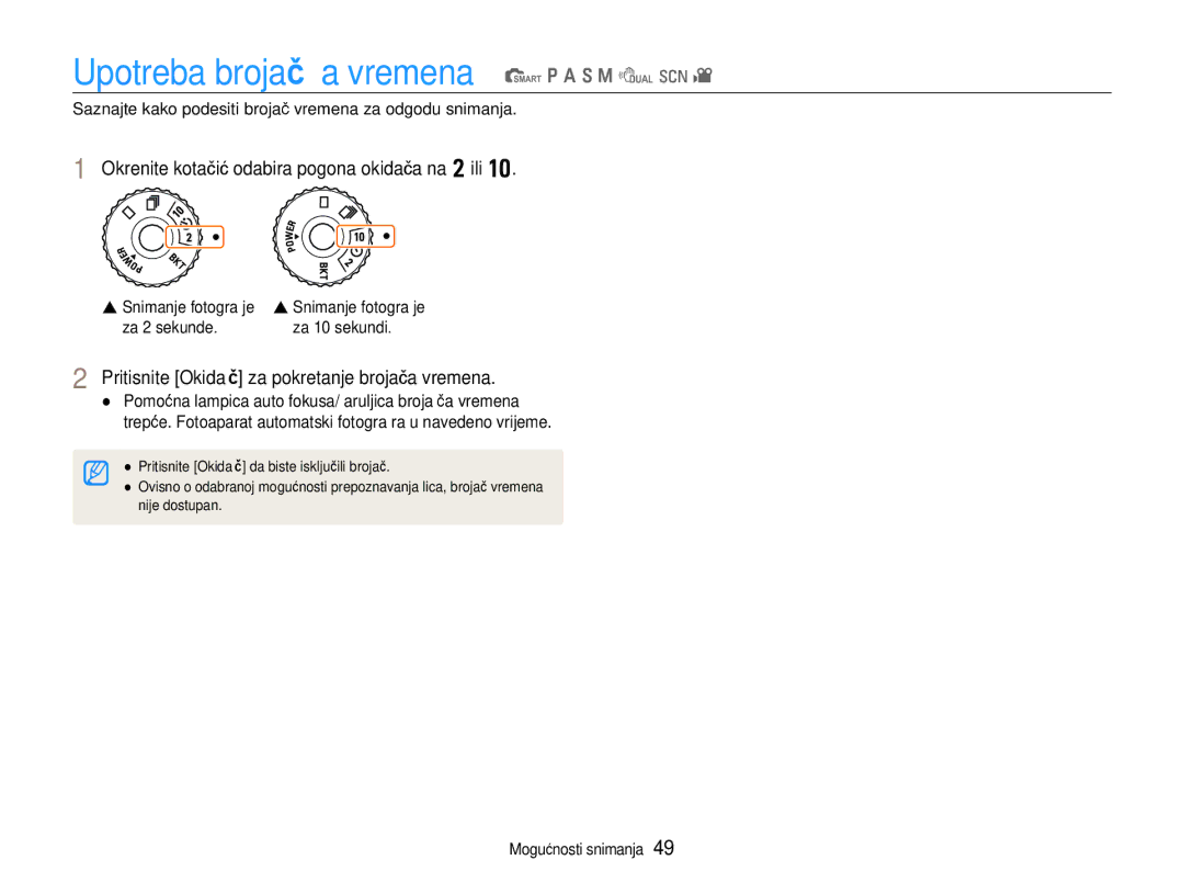 Samsung EC-EX1ZZZBPAE3 manual Upotreba brojača vremena t p a S M d s, Okrenite kotačić odabira pogona okidača na w ili 