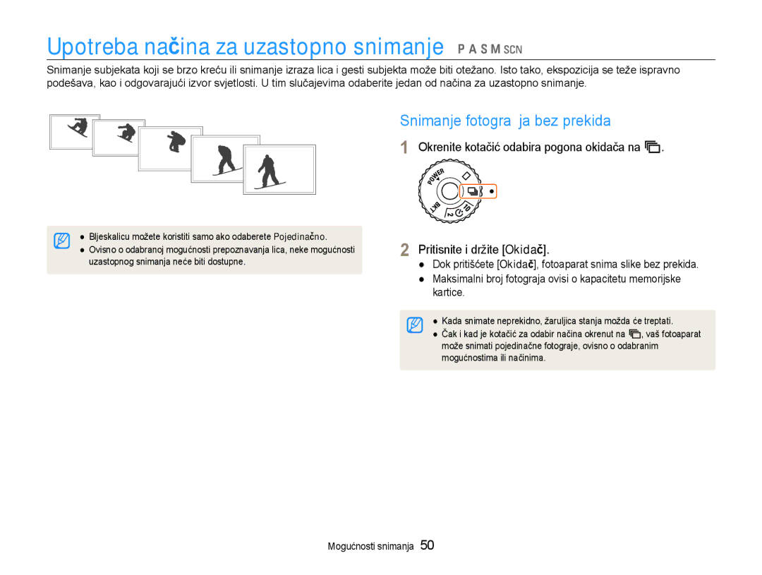 Samsung EC-EX1ZZZBPBE3, EC-EX1ZZZBPAE3 Upotreba načina za uzastopno snimanje p a S M s, Snimanje fotograﬁja bez prekida 