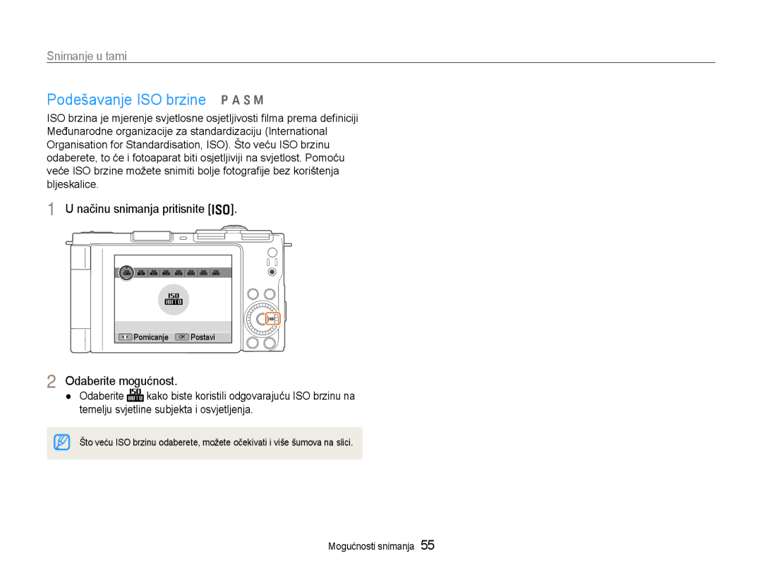 Samsung EC-EX1ZZZBPAE3, EC-EX1ZZZBPBE3 manual Podešavanje ISO brzine p a S M, Načinu snimanja pritisnite 