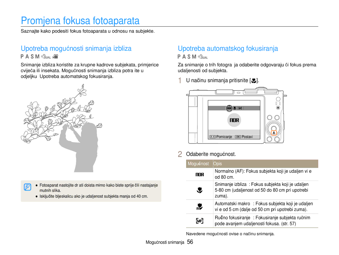 Samsung EC-EX1ZZZBPBE3 Promjena fokusa fotoaparata, Upotreba mogućnosti snimanja izbliza, Upotreba automatskog fokusiranja 