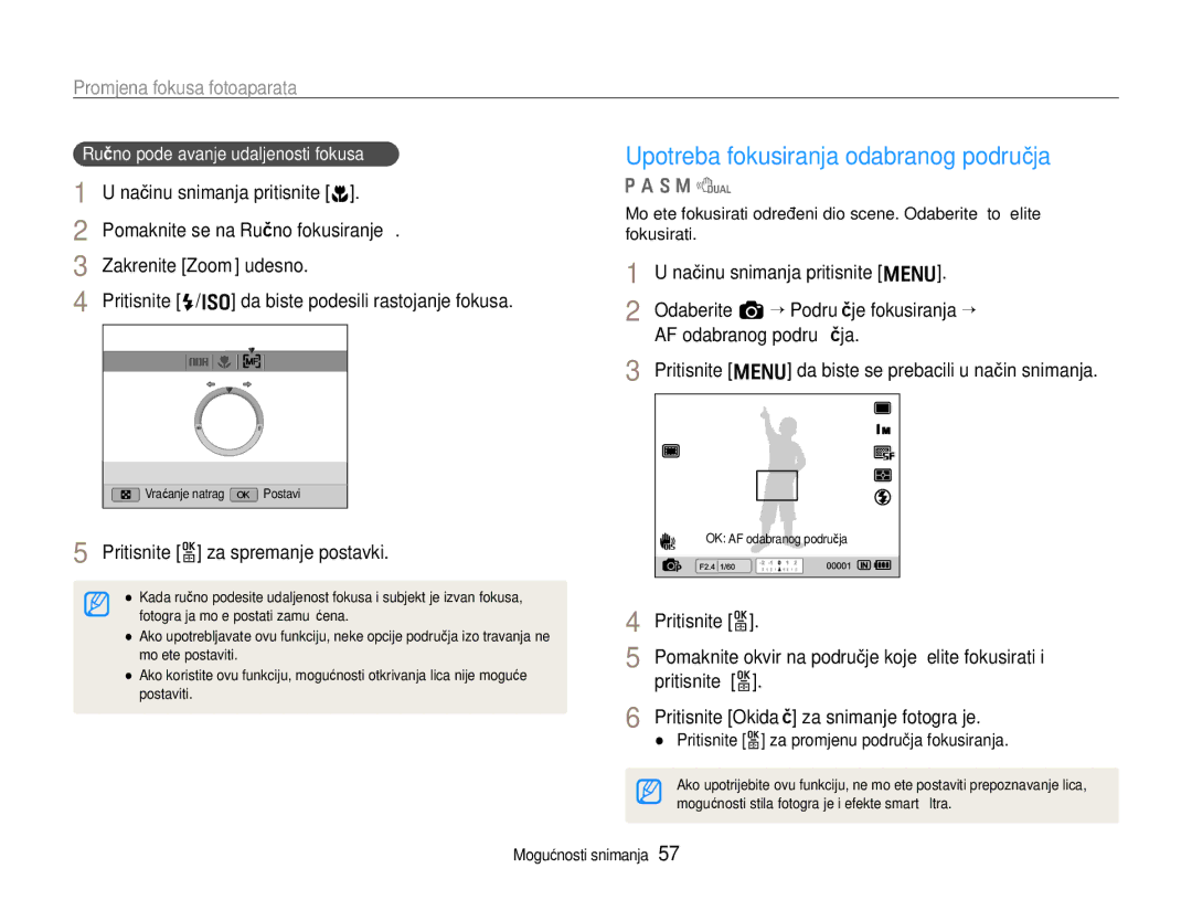 Samsung EC-EX1ZZZBPAE3, EC-EX1ZZZBPBE3 manual Upotreba fokusiranja odabranog područja, Promjena fokusa fotoaparata 