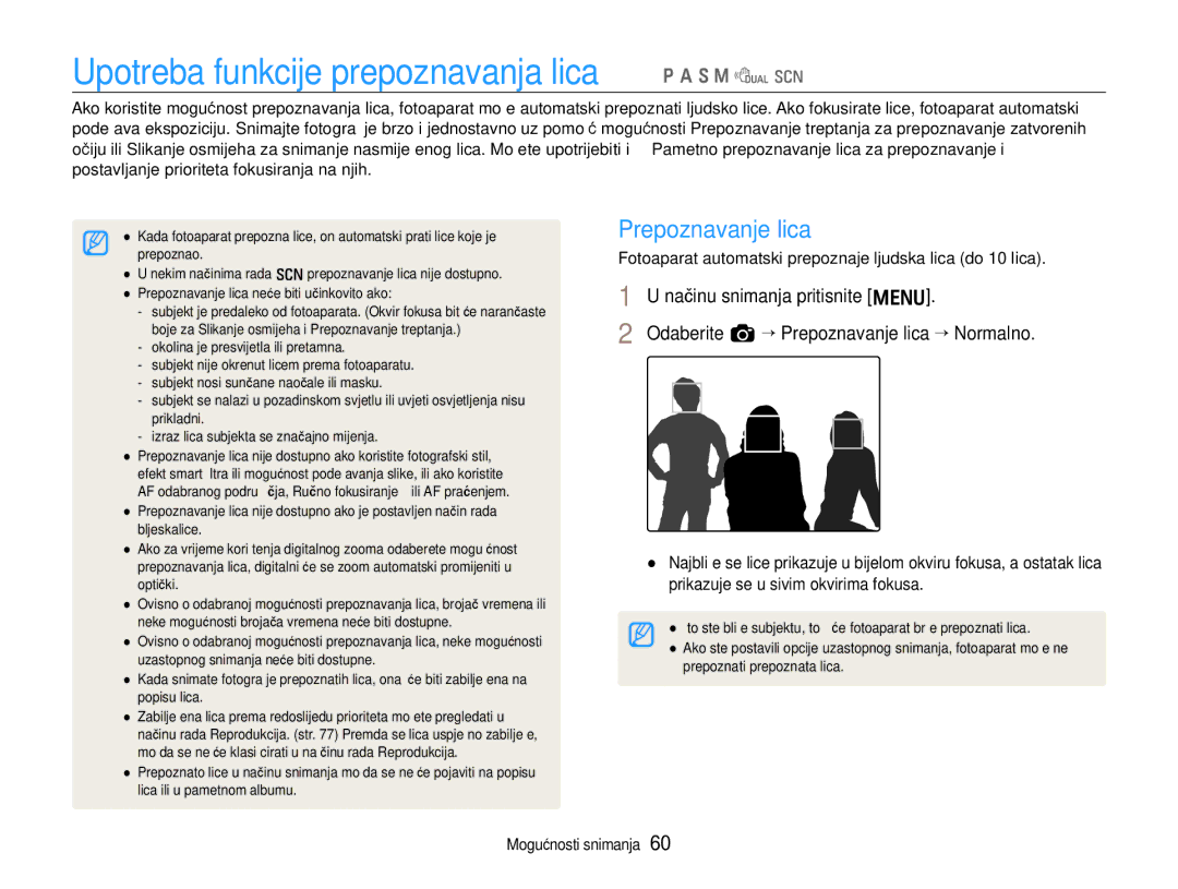 Samsung EC-EX1ZZZBPBE3, EC-EX1ZZZBPAE3 manual Upotreba funkcije prepoznavanja lica p a S M d s, Prepoznavanje lica 