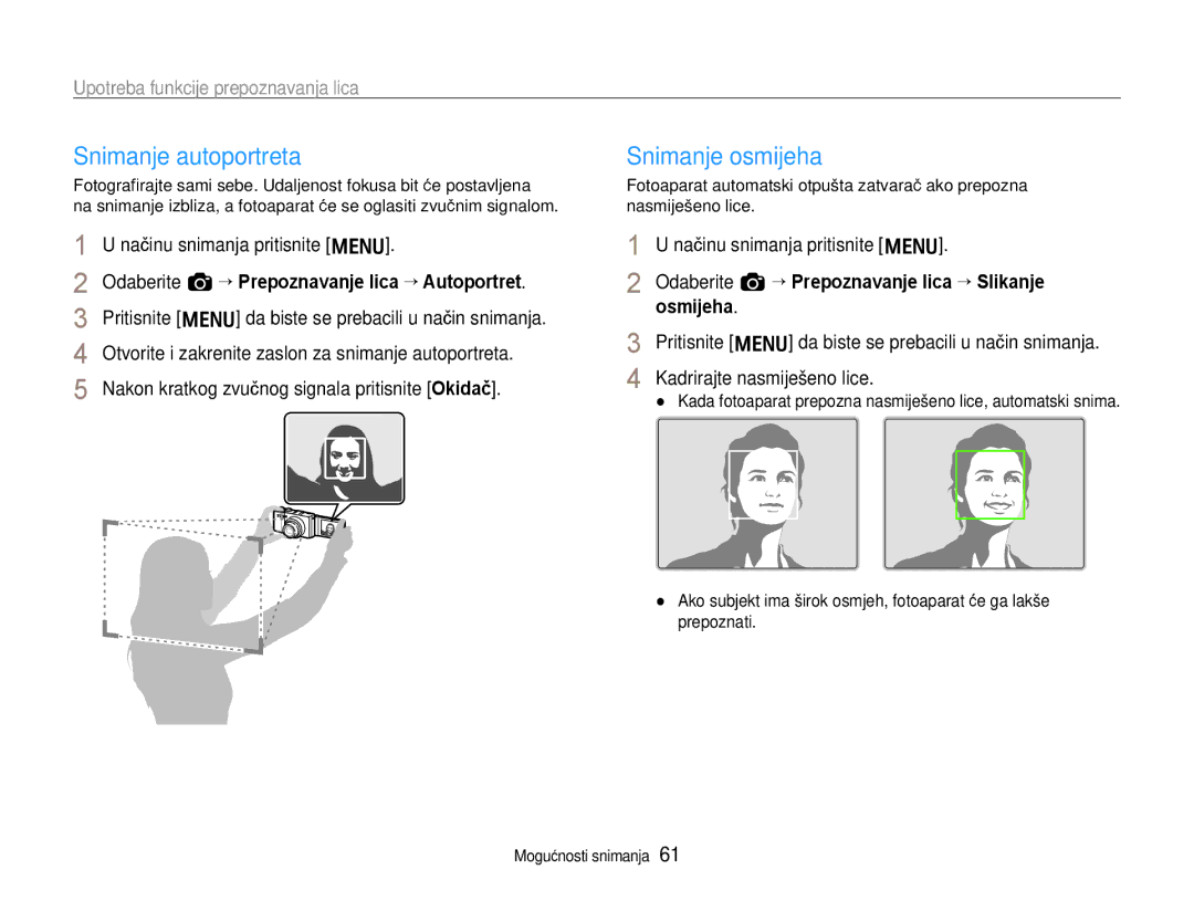 Samsung EC-EX1ZZZBPAE3, EC-EX1ZZZBPBE3 manual Snimanje autoportreta, Snimanje osmijeha, Upotreba funkcije prepoznavanja lica 