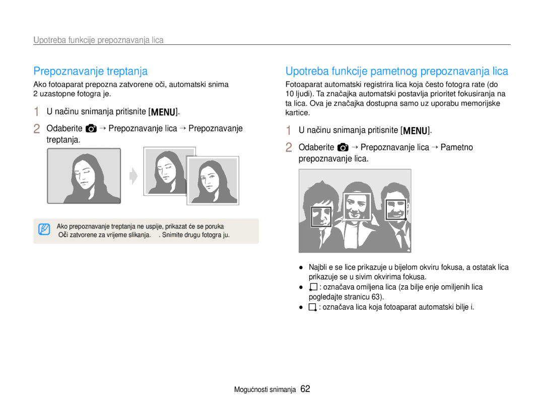 Samsung EC-EX1ZZZBPBE3, EC-EX1ZZZBPAE3 manual Prepoznavanje treptanja, Upotreba funkcije pametnog prepoznavanja lica 