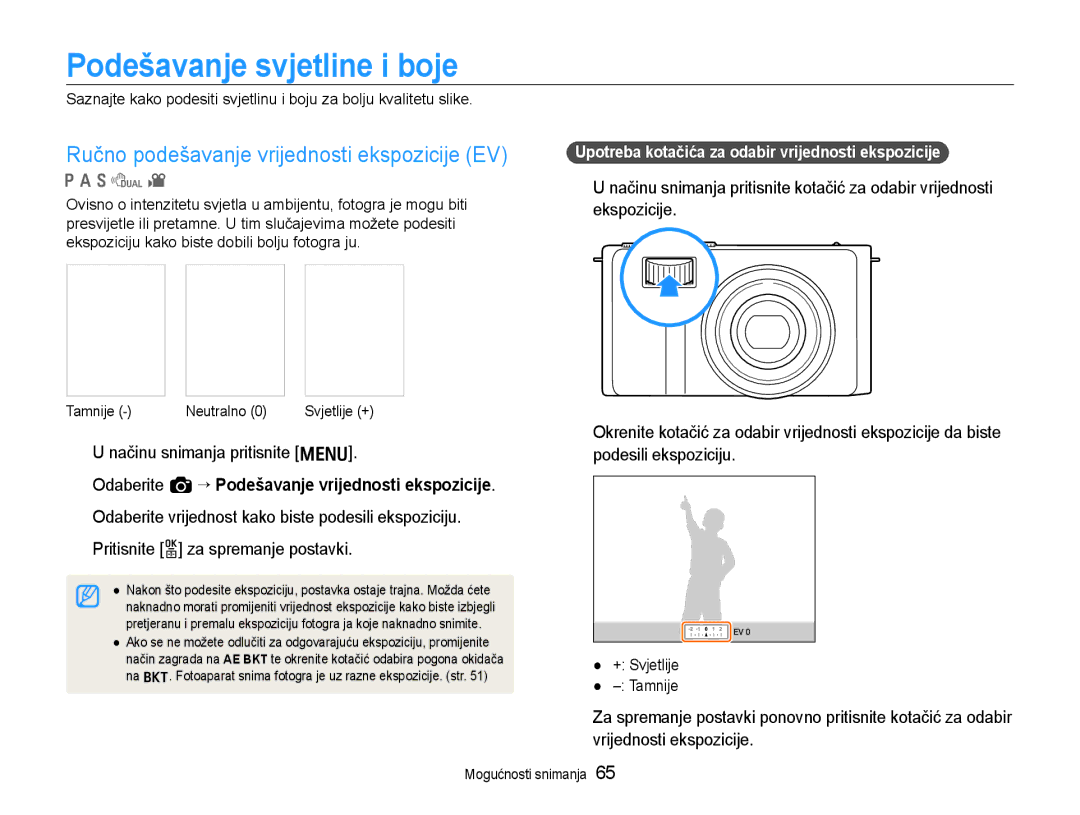 Samsung EC-EX1ZZZBPAE3, EC-EX1ZZZBPBE3 manual Podešavanje svjetline i boje, Ručno podešavanje vrijednosti ekspozicije EV 