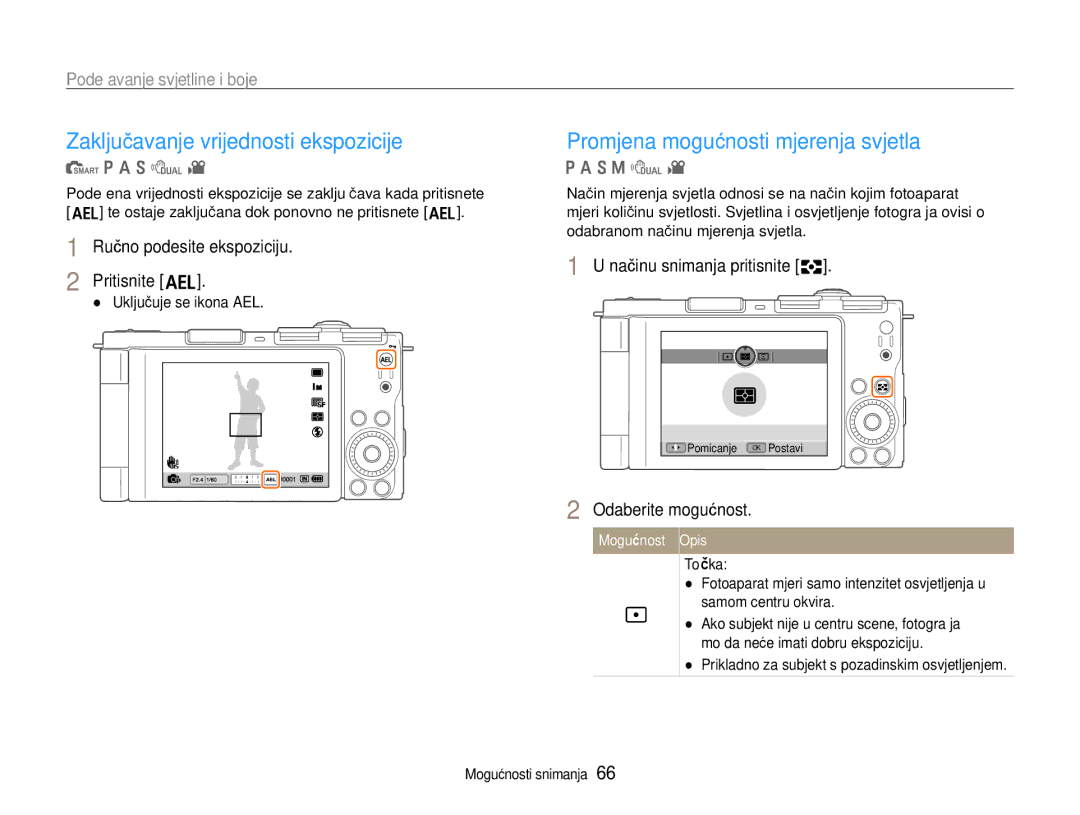 Samsung EC-EX1ZZZBPBE3, EC-EX1ZZZBPAE3 manual Zaključavanje vrijednosti ekspozicije, Promjena mogućnosti mjerenja svjetla 