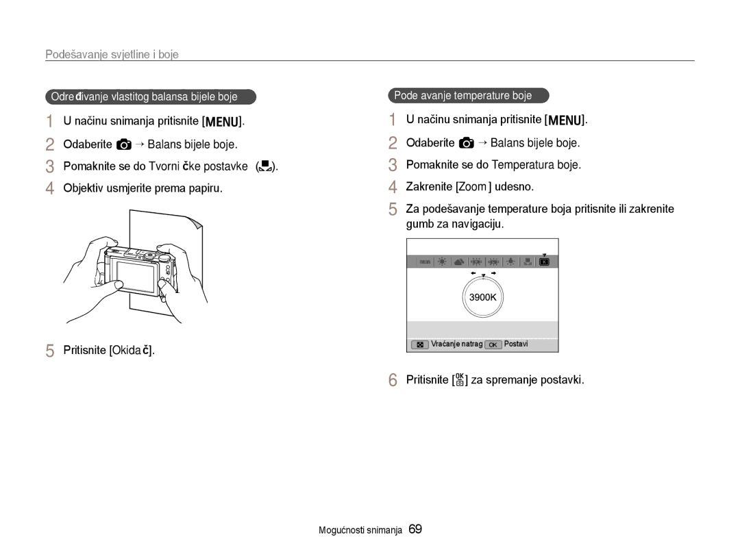 Samsung EC-EX1ZZZBPAE3, EC-EX1ZZZBPBE3 manual Pomaknite se do Temperatura boje, Određivanje vlastitog balansa bijele boje 
