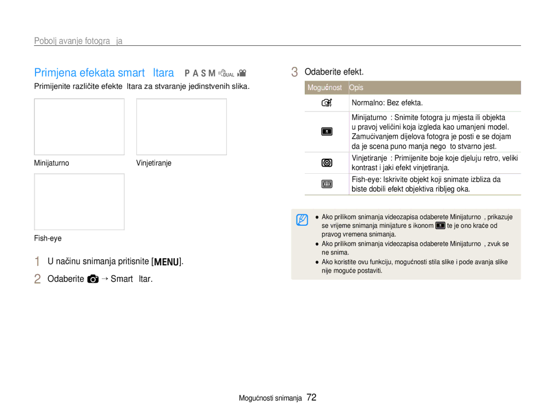 Samsung EC-EX1ZZZBPBE3 manual Primjena efekata smart ﬁltara p a S M d, Poboljšavanje fotograﬁja, Normalno Bez efekta 